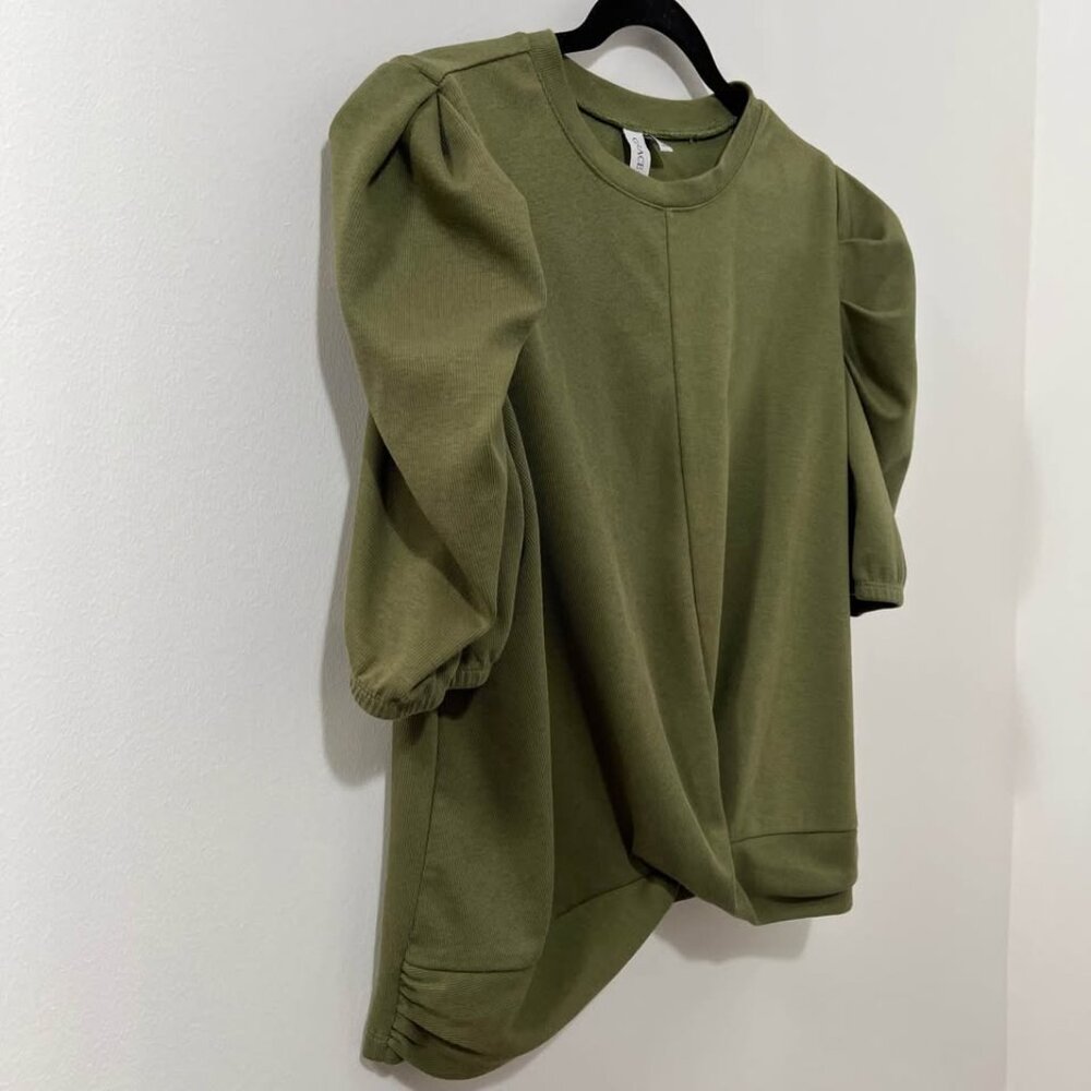 Statement Sleeve Elevated Boho Twist Neutral Casual Olive Green Top [size L] - Picture 4 of 8